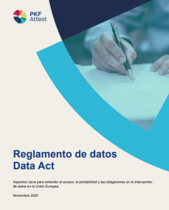 Cover of PKF Attest's downloadable report. An ebook on the "Data Act Data Regulation", with an image of a hand writing on a sheet of paper.